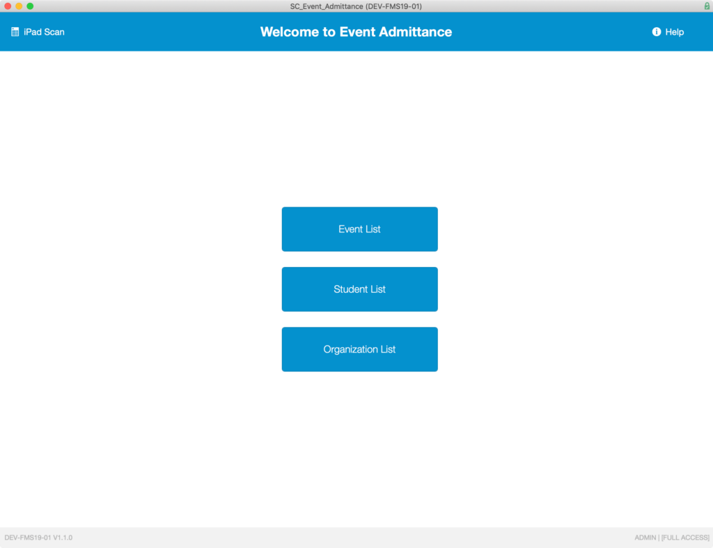 Main menu screen of the Soliant Event Admittance application