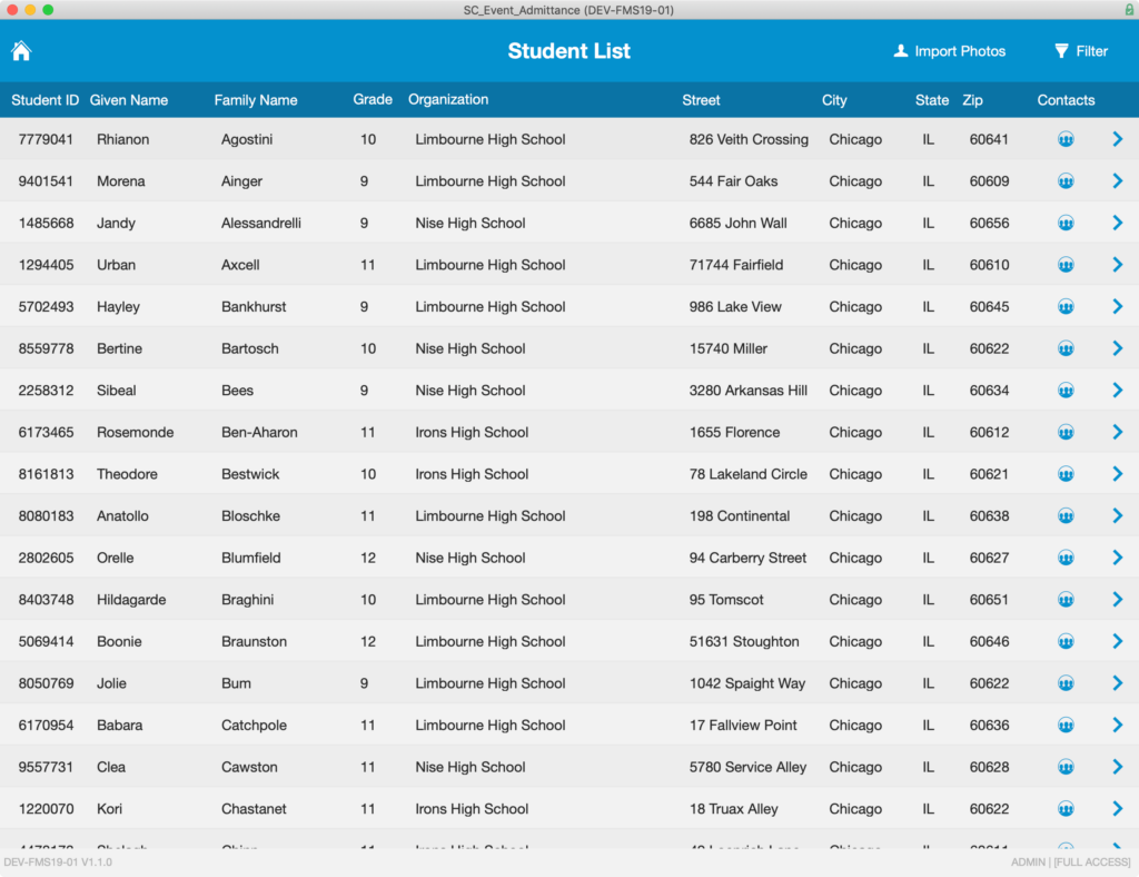Student list displaying students who are enrolled at one of the organizations and attend events.