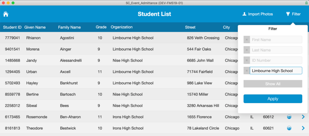 Options for filtering the Student List when the