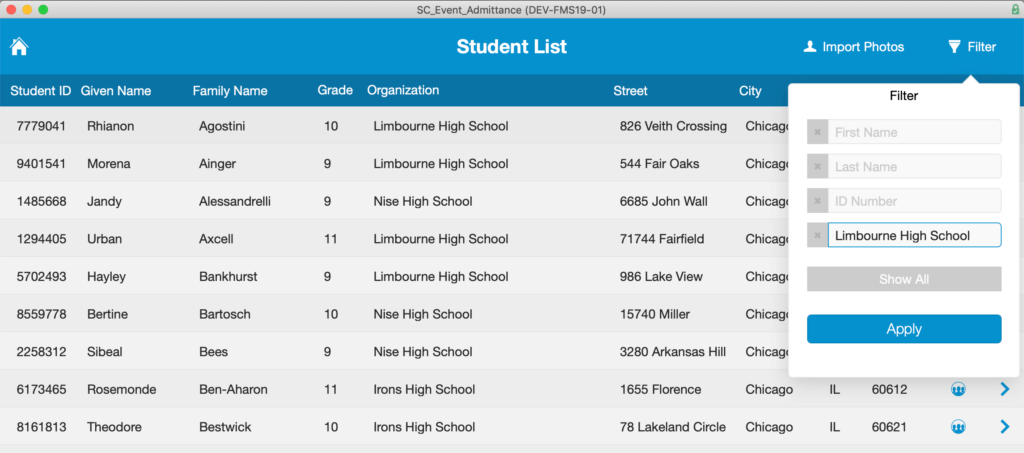 Options for filtering the Student List when the 