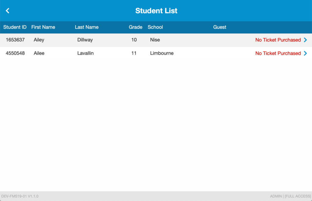 Student List on an iPad running FileMaker Go