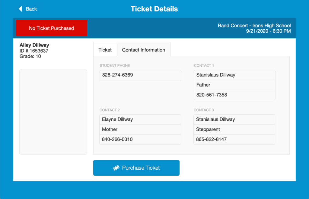 Student Ticket Detail - Contact Information on an iPad running FileMaker Go