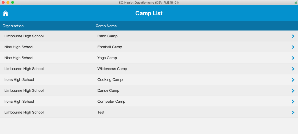 Camp List which is accessed from the Main Menu.
