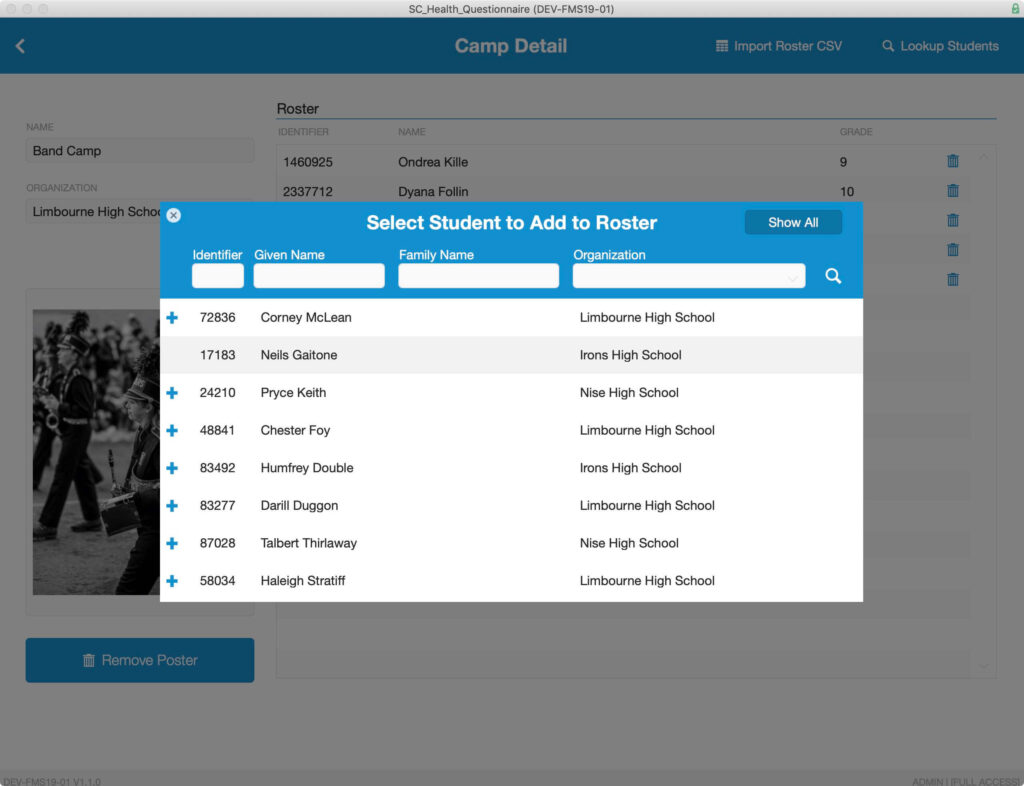 Card window containing a student picker