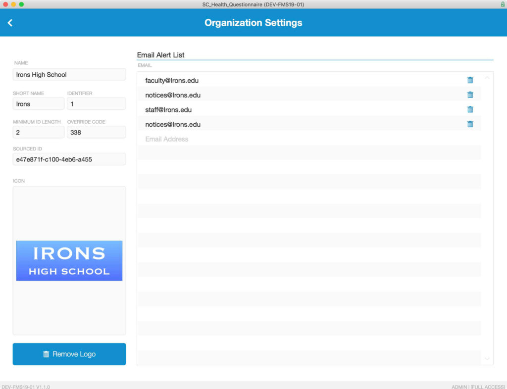 Organization Detail navigated to by clicking on the chevron button of any row in the Organization List.