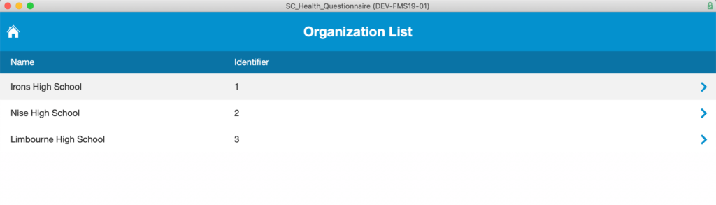 Organization List accessed from the Main Menu.