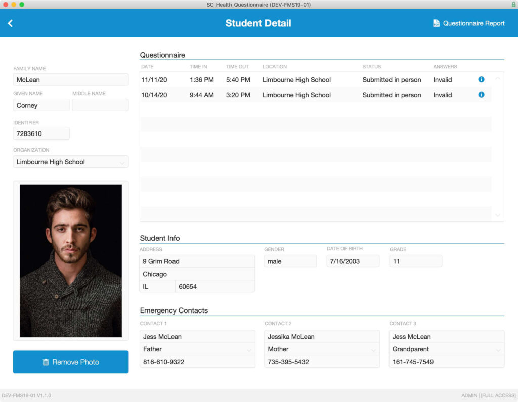 Student Detail that is accessed by clicking on the chevron button of any row in the Student List.