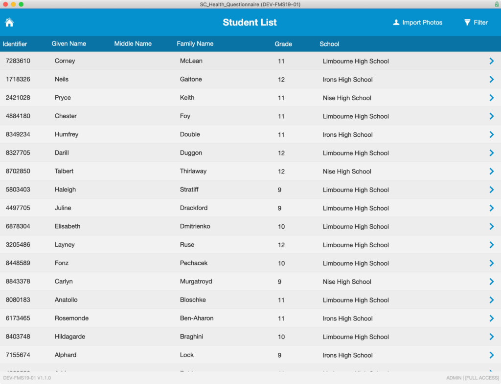 Student List accessed from the Main Menu.