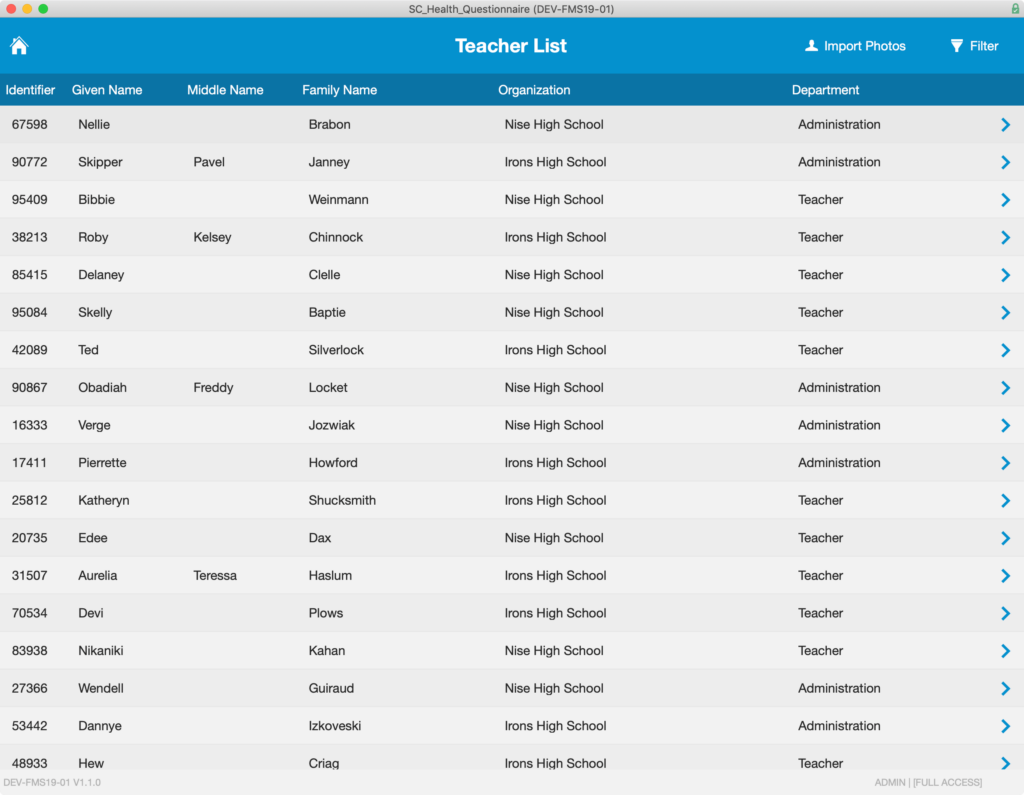 Teacher List accessed from the Main Menu