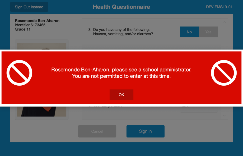 Admittance Denied alert on an iPad running FileMaker Go - person is directed to see a school administator.