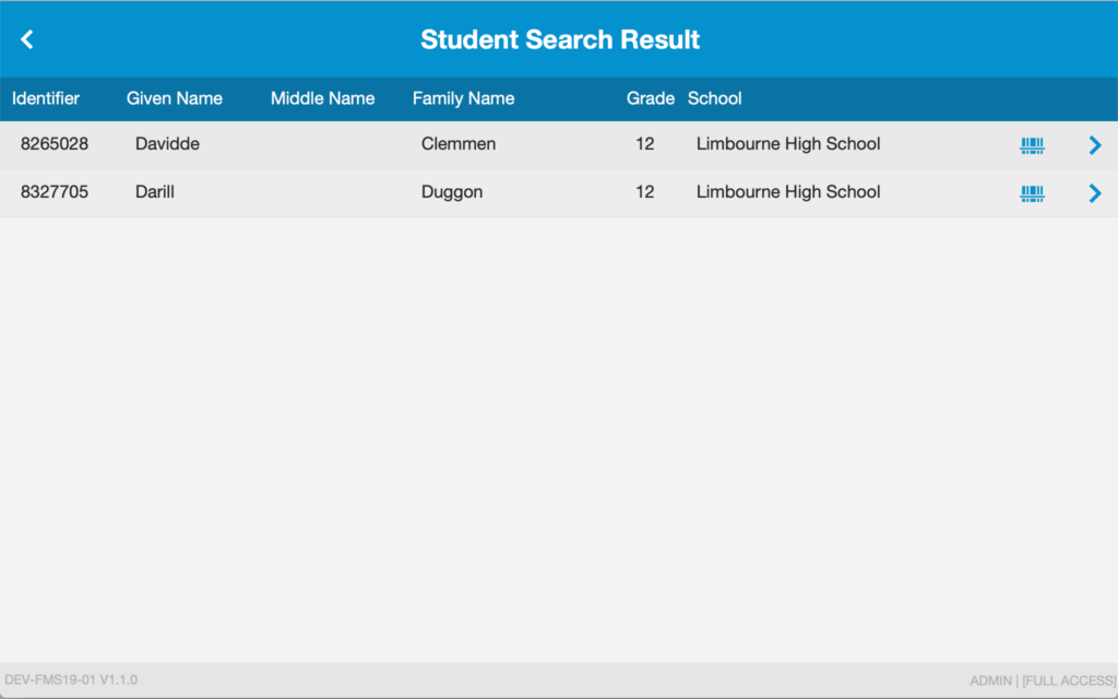 Check In: Student Search Result