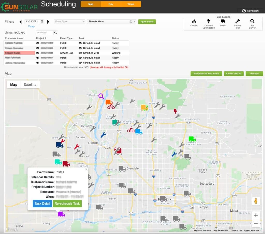 Sunsolar Solutions: Map scheduling screen