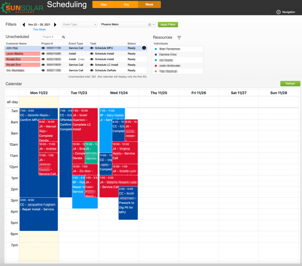 Sunsolar Solutions: Week scheduling screen