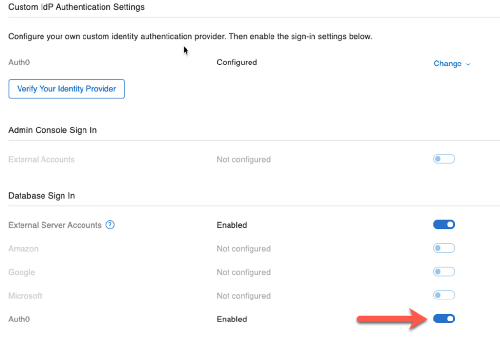 Screenshot of settings highlighting Auth0 being enabled.