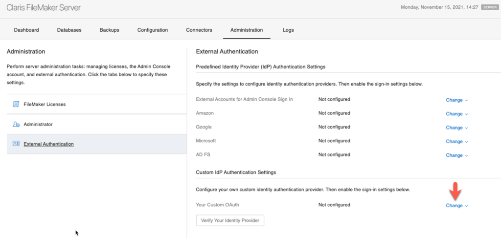 Screenshot of the Admin Console highlighting where the OAuth identify provider can be added.