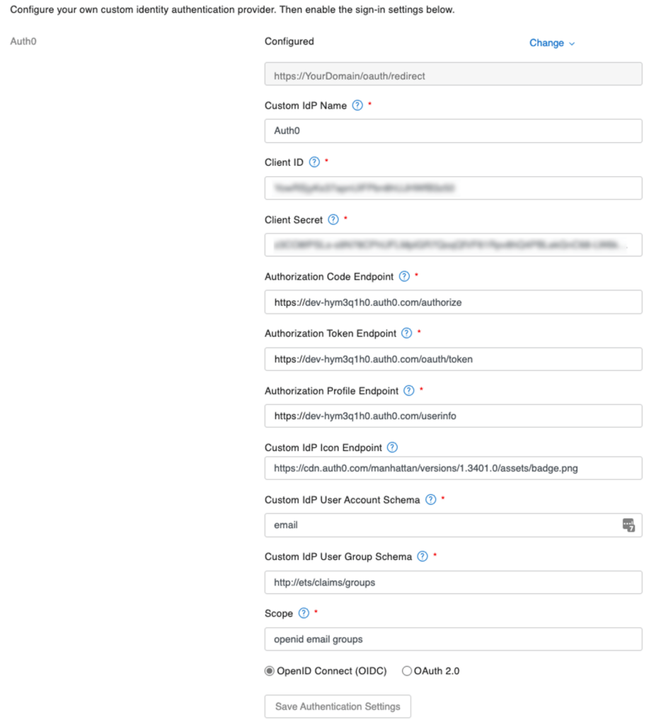 Screenshot showing an example of a working configuration using Auth0 as the identity provided.