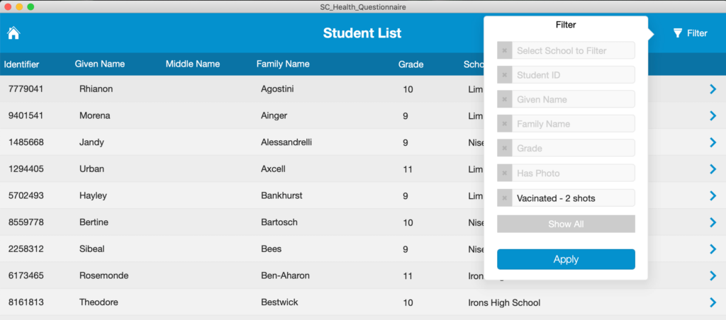 Picture of options for filtering the Student List