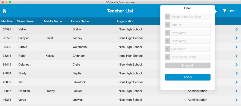 Popover menu with options for filtering the Teacher List