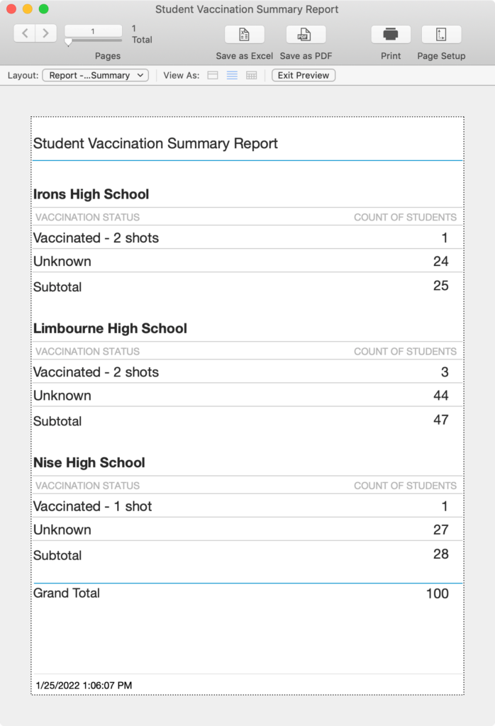 Picture of the Student Vaccination Summary Report
