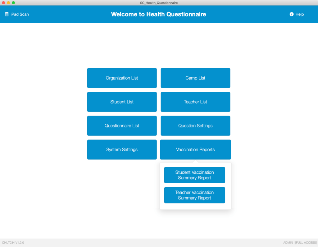 Picture of the Health Questionnaire Main Menu with the Vaccination Reports popover menu