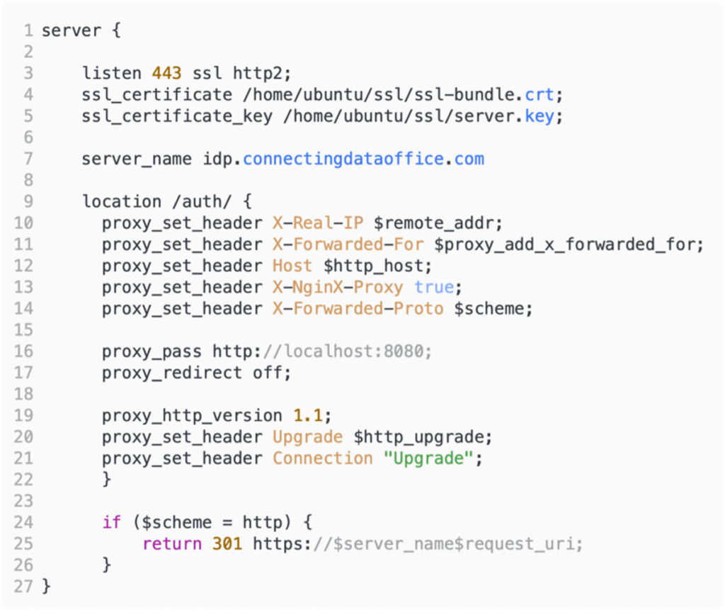 Screenshot showing keycloak file with line 7 for DNS name and SSL certificate on lines 4 and 5.