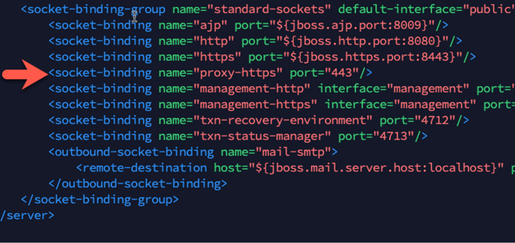 Screenshot of the socket-binding-group in the standalone.xml file 