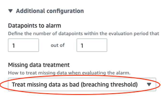 Photo of 'Additional configuration' when setting up the alarm in CloudWatch to select 'Treat missing data as bad (breaching threshold)' under 'Missing data treatment'
