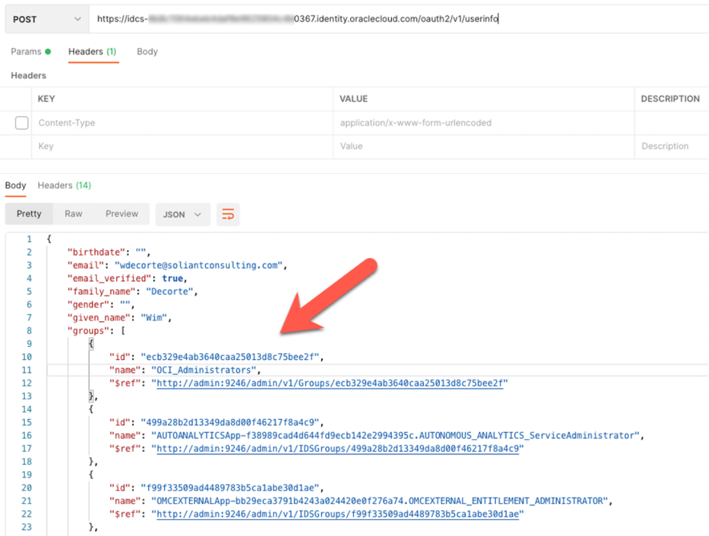 Photo highlighting the JSON returned by Oracle