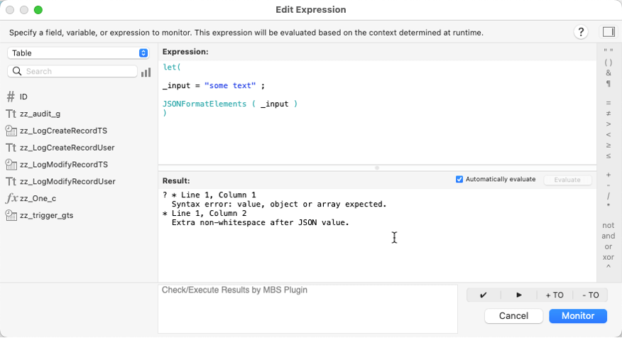 Edit Expression window showing using the JsonFormatElement() function in FileMaker 19.4