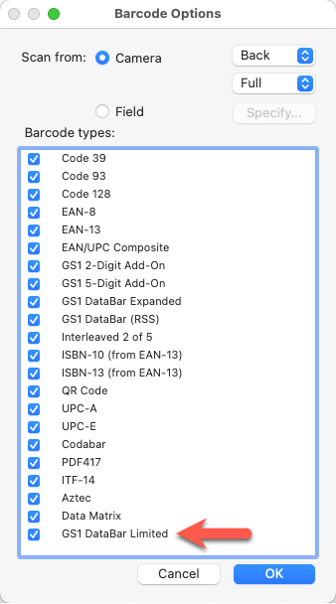 Photo of the Barcode Options window to configure the Insert from Device options