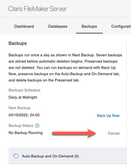 Photo of the Backups section in the Admin Console with where to cancel a running backup highlighted