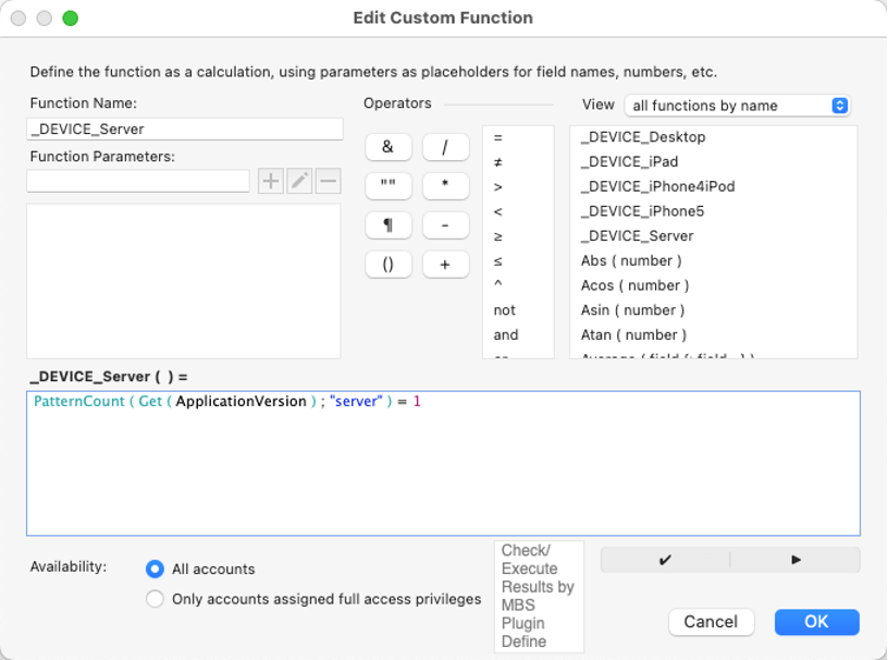 'Edit Custom Function' window that show where the _DEVICE_Server function is