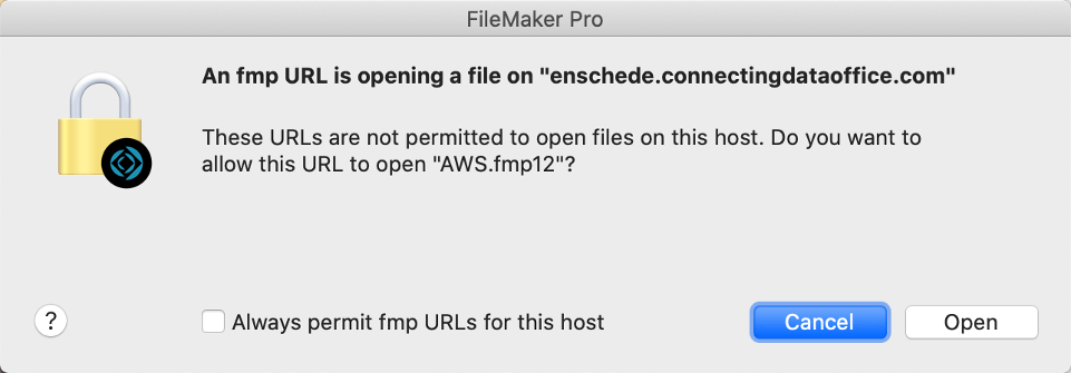 Dialog that appears when an fmp URL executes directed at an unrecognized host