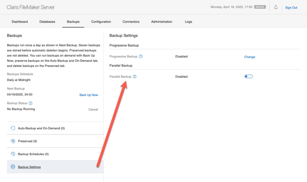 New Backup Setting section in the Admin Console with the Parallel Backup setting highlighted