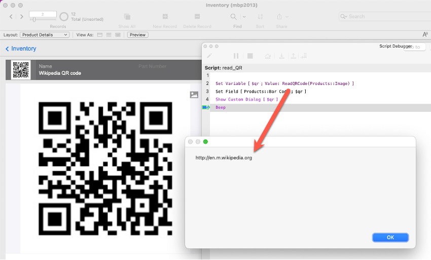 Showing the new ReadQRCode() function in the Script Debugger