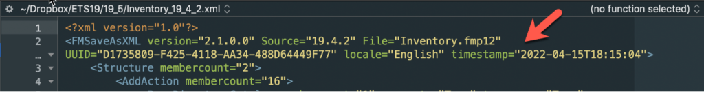 Screenshot showing the XML in FileMaker 19.4 and earlier with the timestamp at the top of the document