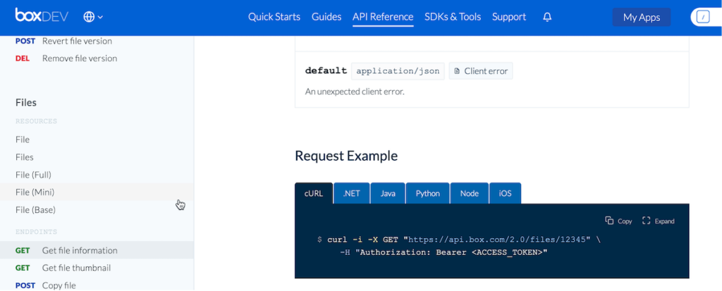 Picture of cURL examples in the API Reference section on box.com