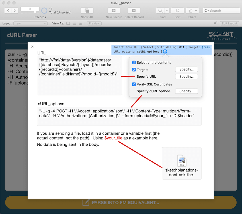 Picture of referencing the field or variable in the cURL options syntax.