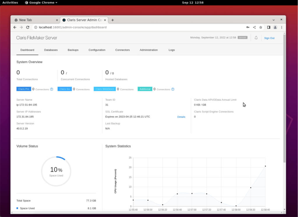 Screenshot of the Claris Server Admin Console