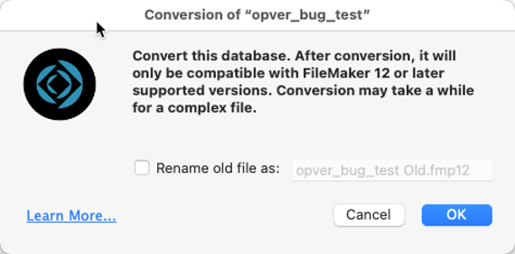 Conversion dialog that appears when opening file with FileMaker Pro 19.5.2