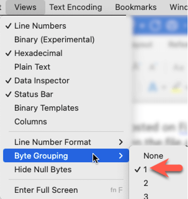 Views menu in the Hex Fiend editor and selecting Byte Grouping, then 1