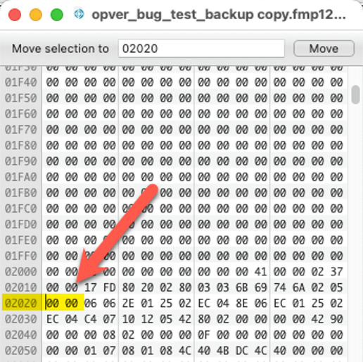 Red arrow highlighting line 02020 in the Hex Fiend editor with cursor in from of the first zero
