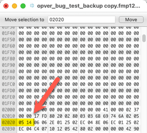 Red arrow highlighting line 02020 in the Hex Fiend editor with 0514 typed in