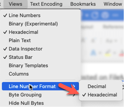 Views menu in the Hex Fiend editor with Line Number Format select, and then Hexadecimal