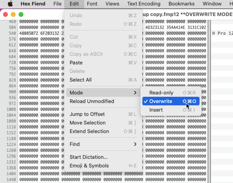 Edit menu in the Hex Fiend editor, selecting Mode and then Overwrite