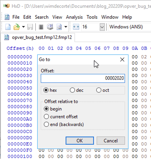 Select 00002020 in the HxD hex editor