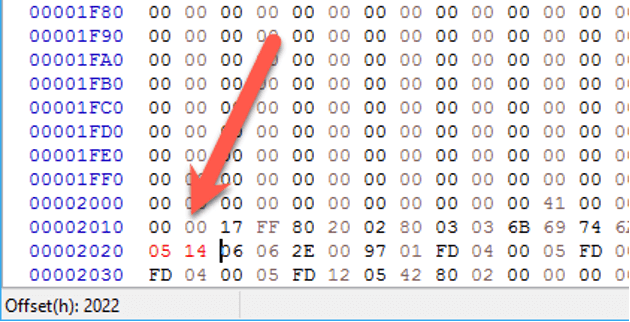 Red arrow highlighting 0514 entered in the HxD hex editor