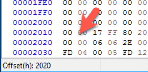 Arrow highlighting the start of the section of hex code in the HxD hex editor