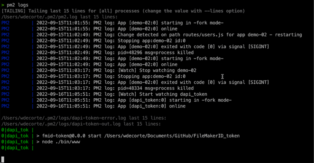 Use the 'pm2 logs' command to show the last 15 lines from three of the pm2 logs