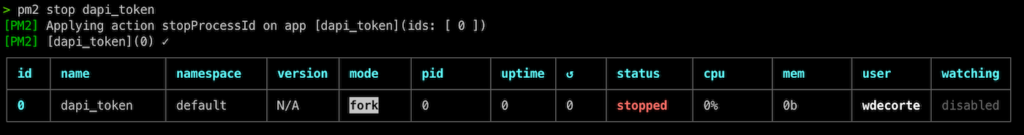 Use 'pm2 stop dapi_token' to stop the app